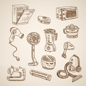 Engraving vintage hand drawn vector kitchen household appliance devices collection. Pencil Sketch dishwasher, vacuum cleaner, vent, hairdryer, blender, microwave, sewing machine illustration.